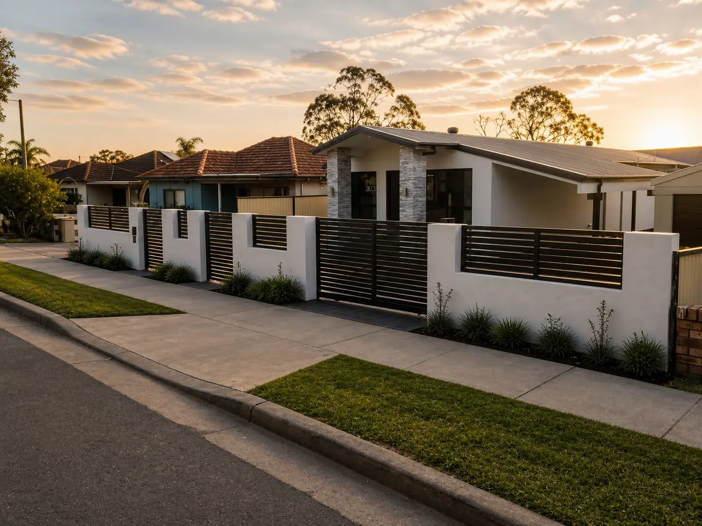 Custom black automatic gate and fence at an Australian home