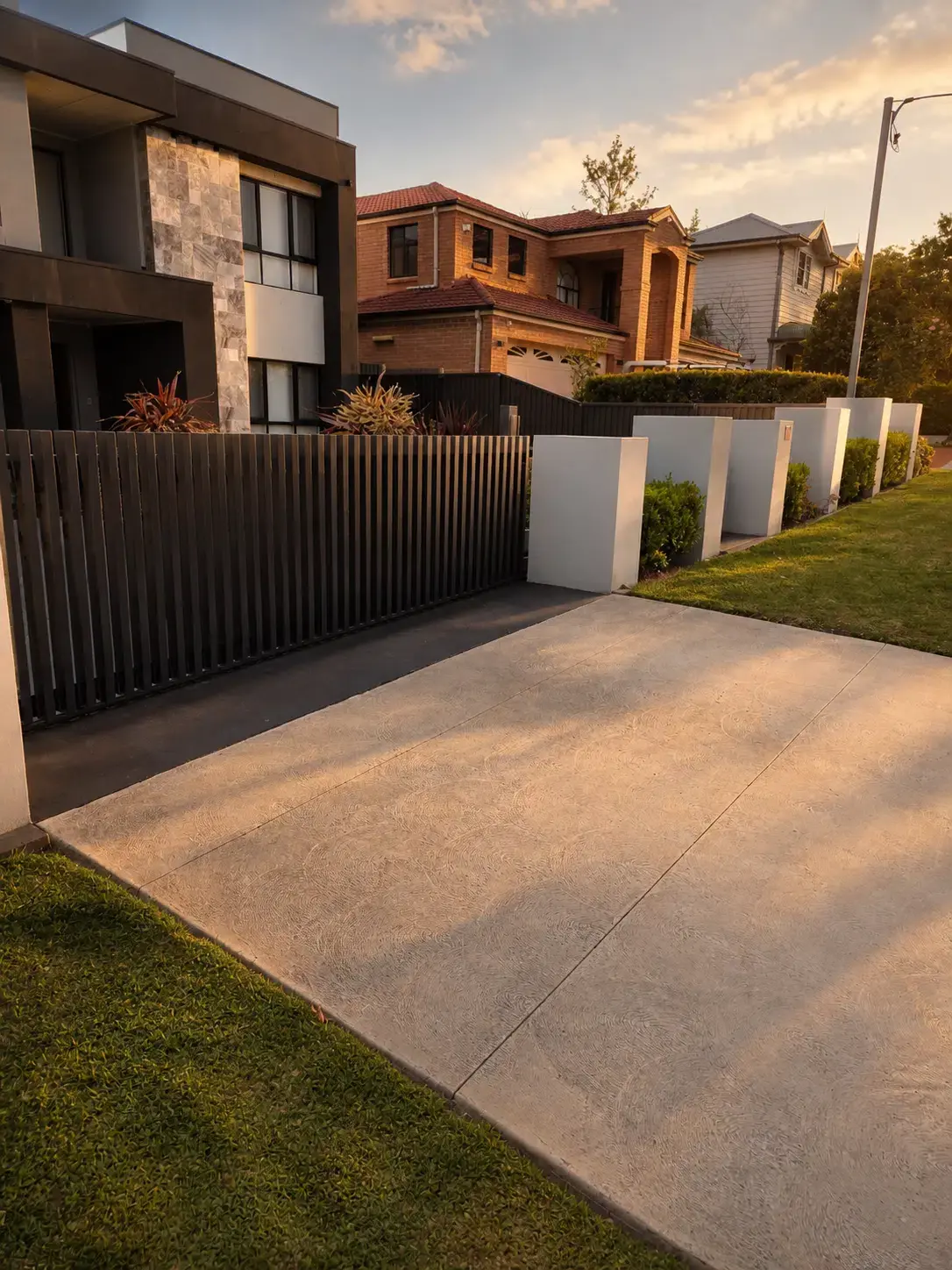 Custom black automatic gate and fence fitted to an Australian home