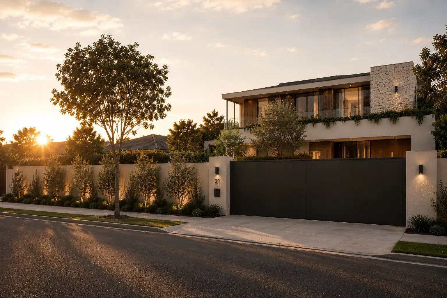 Premium black automatic gate across the entrance of a contemporary Australian home