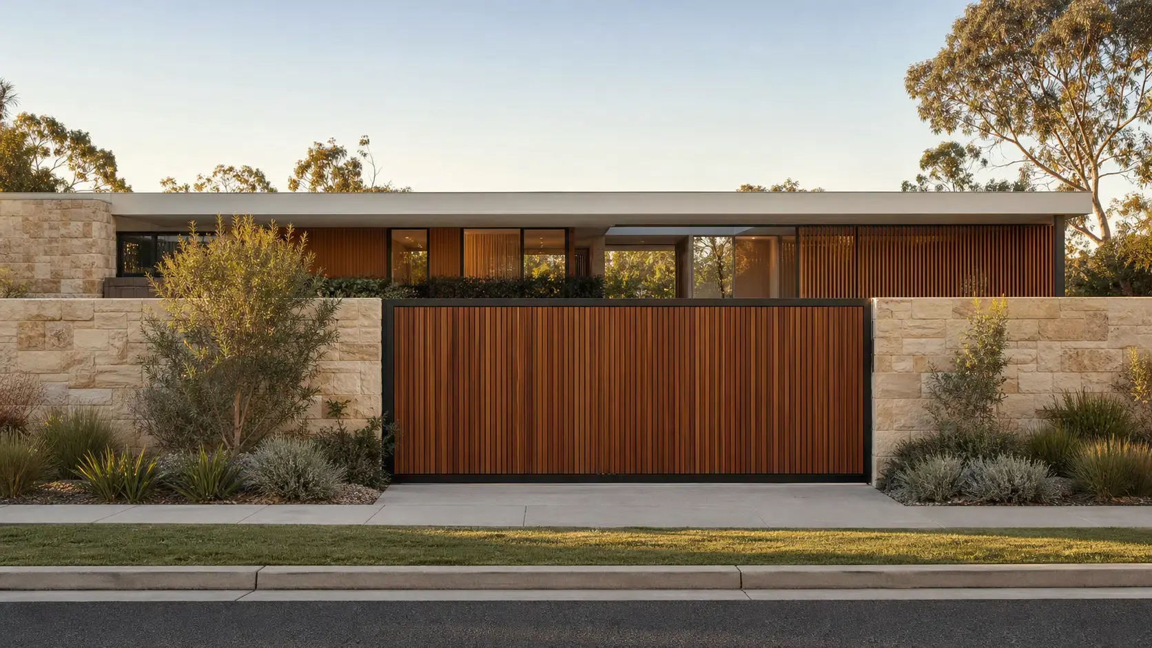 Custom timber automatic sliding gate set into a sandstone wall