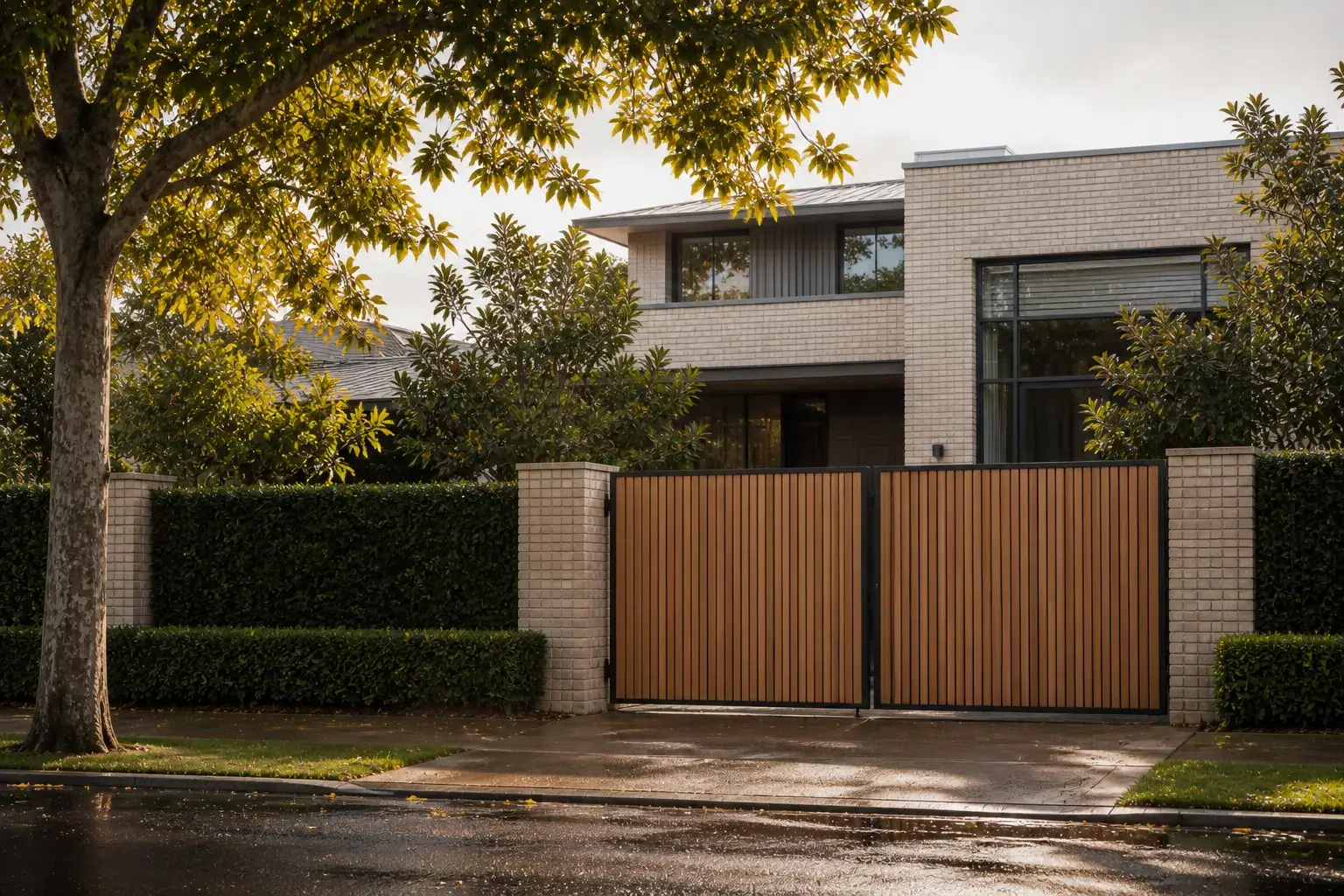 Timber automatic swing gate fitted to a contemporary brick home
