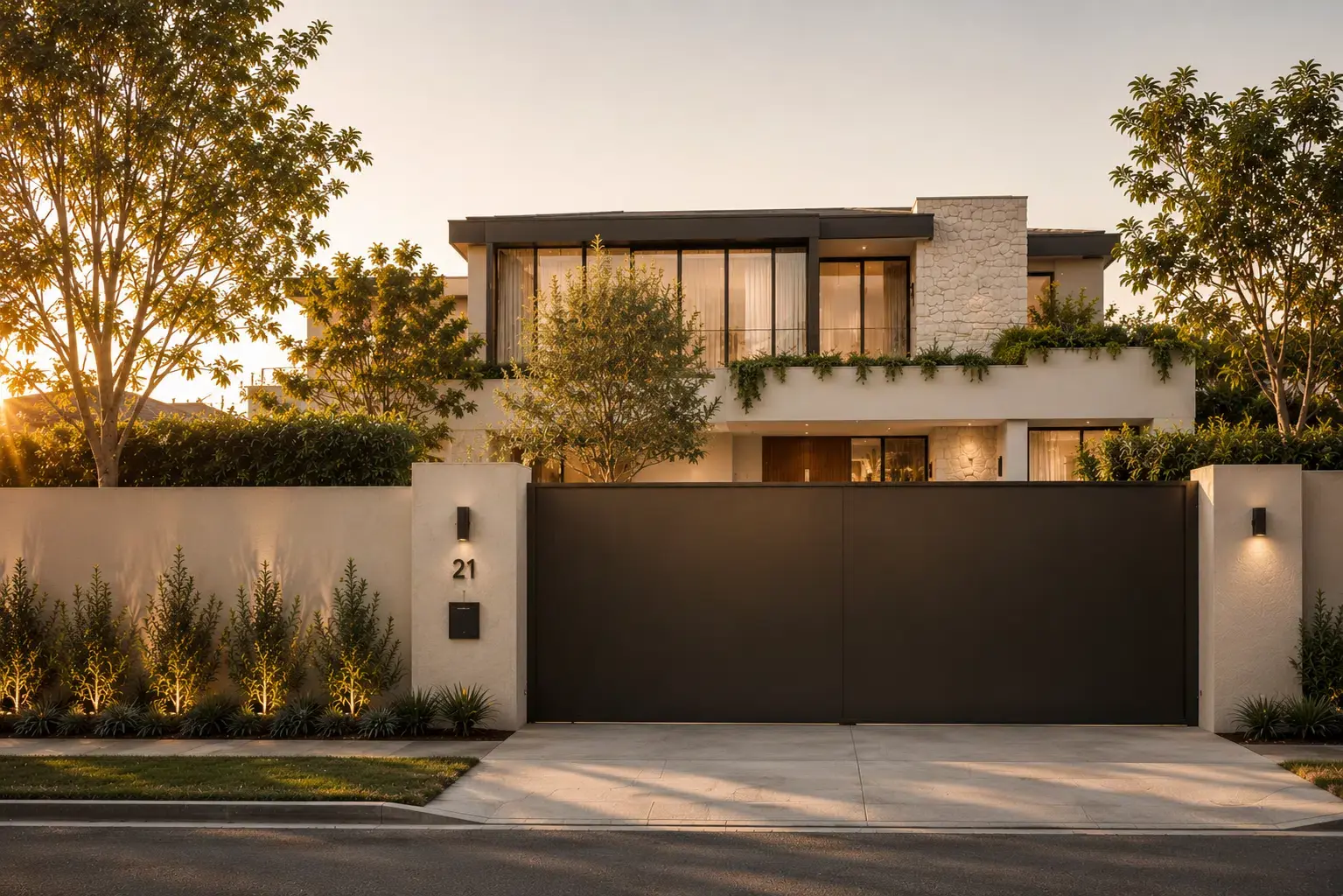 Custom automatic gate across the entrance of a contemporary Australian home