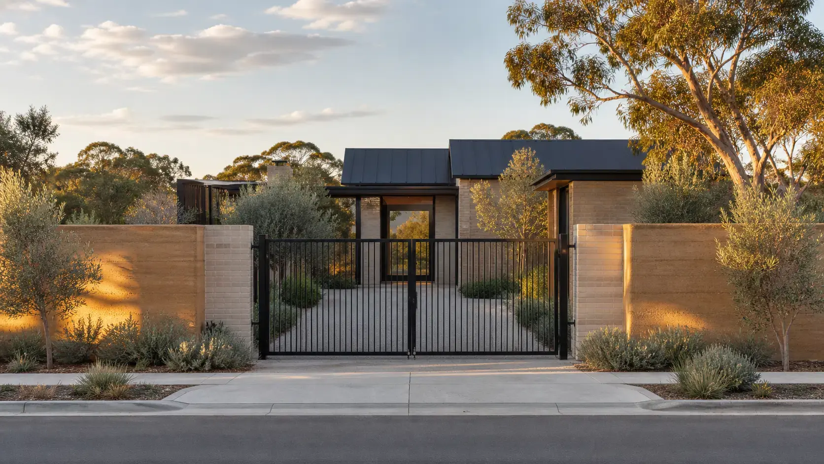 Black vertical-bar automatic gate at a landscaped bushland home