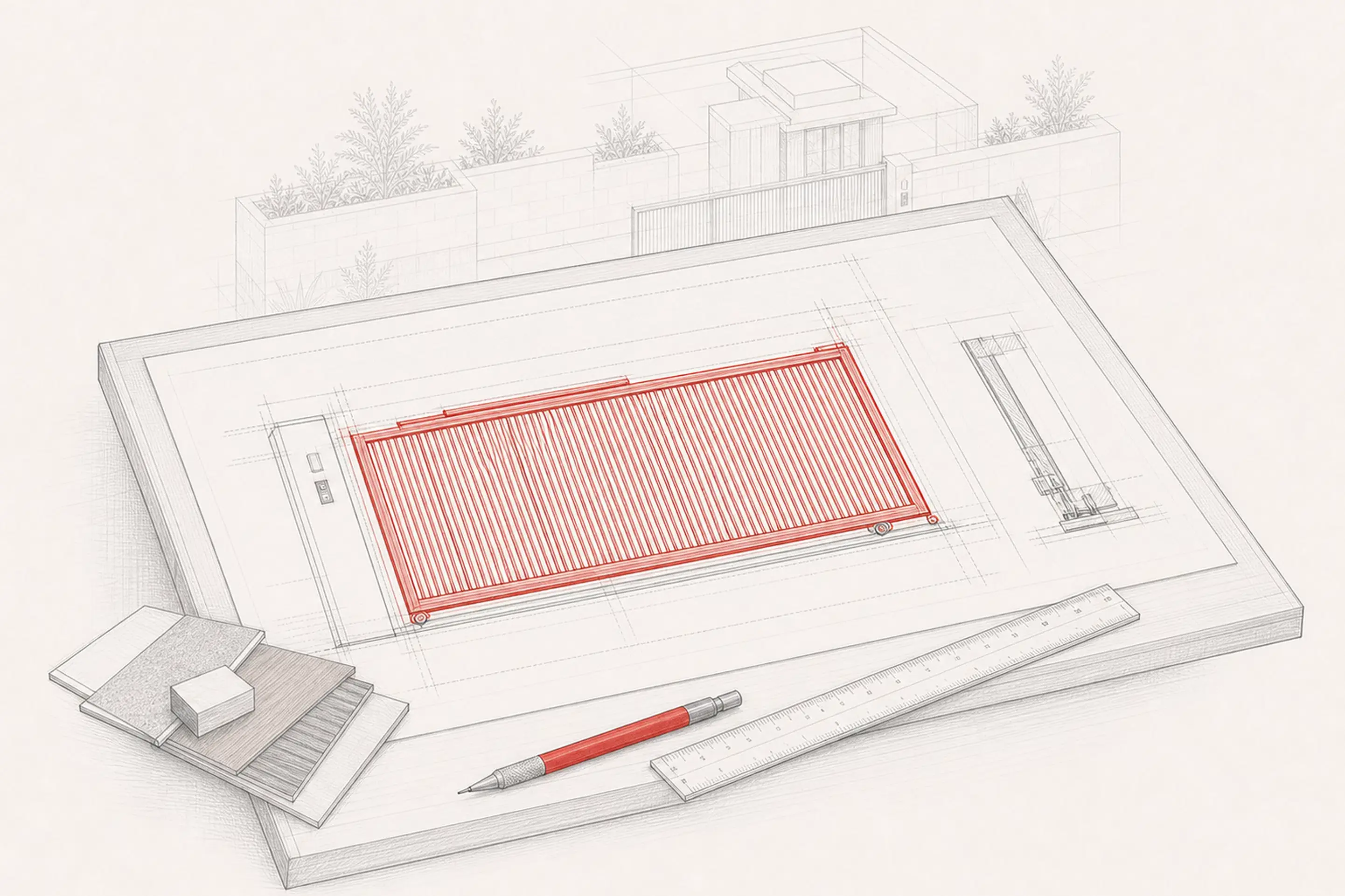 Technical design drawing for a custom automatic gate