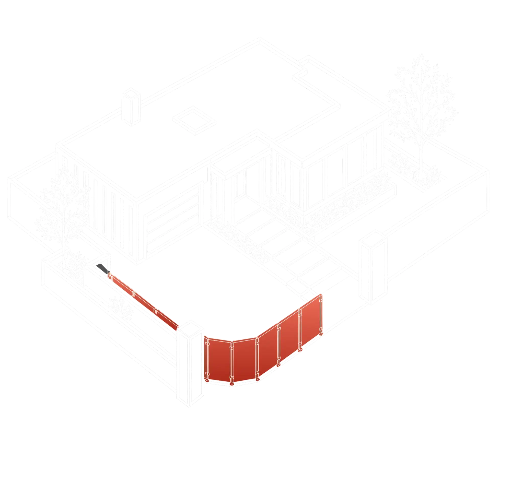 White line diagram of a corner-turning gate